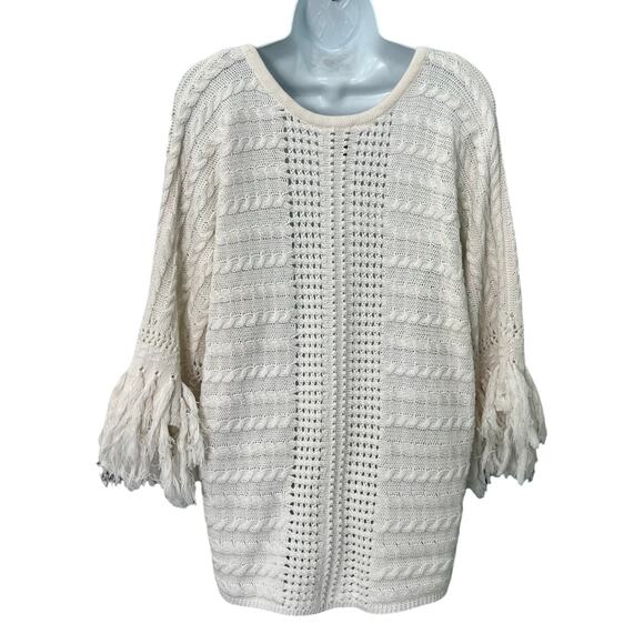 CAbi Cream Ivory Fringe Fiesta Poncho Open Knit Half Sleeve Sweater Top size M - Picture 6 of 12